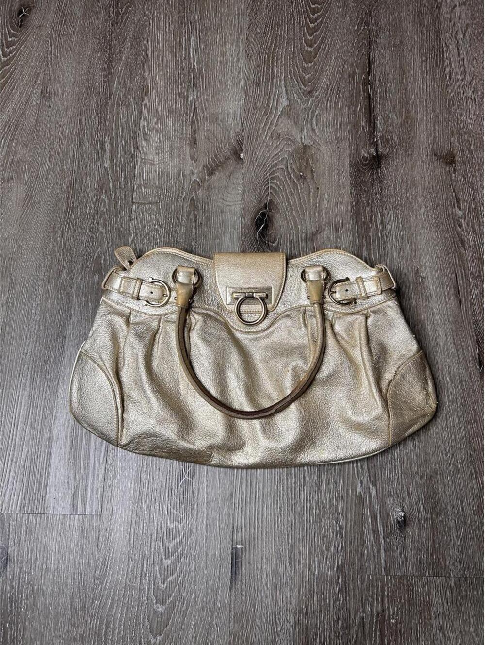 Authentic Salvatore Ferragamo Gancini Marisa Shoulder Bag Gold leather handbag